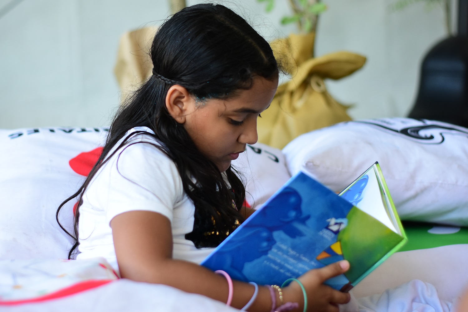 Nila leyendo libro en casa