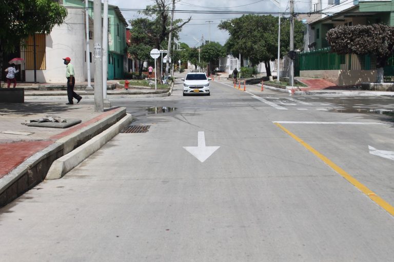 Calle con señalización en pavimento