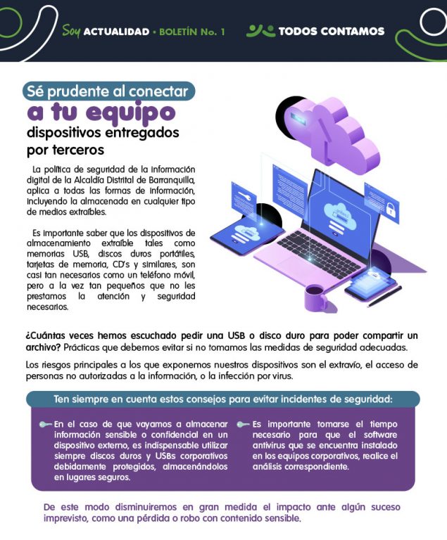 Infografía ser prudente al conectar a tu equipo  dispositivos entregados por terceros 