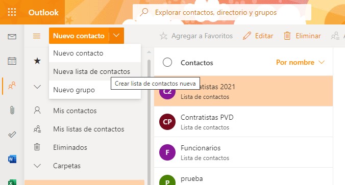 Pantallazo correo lista de contactos