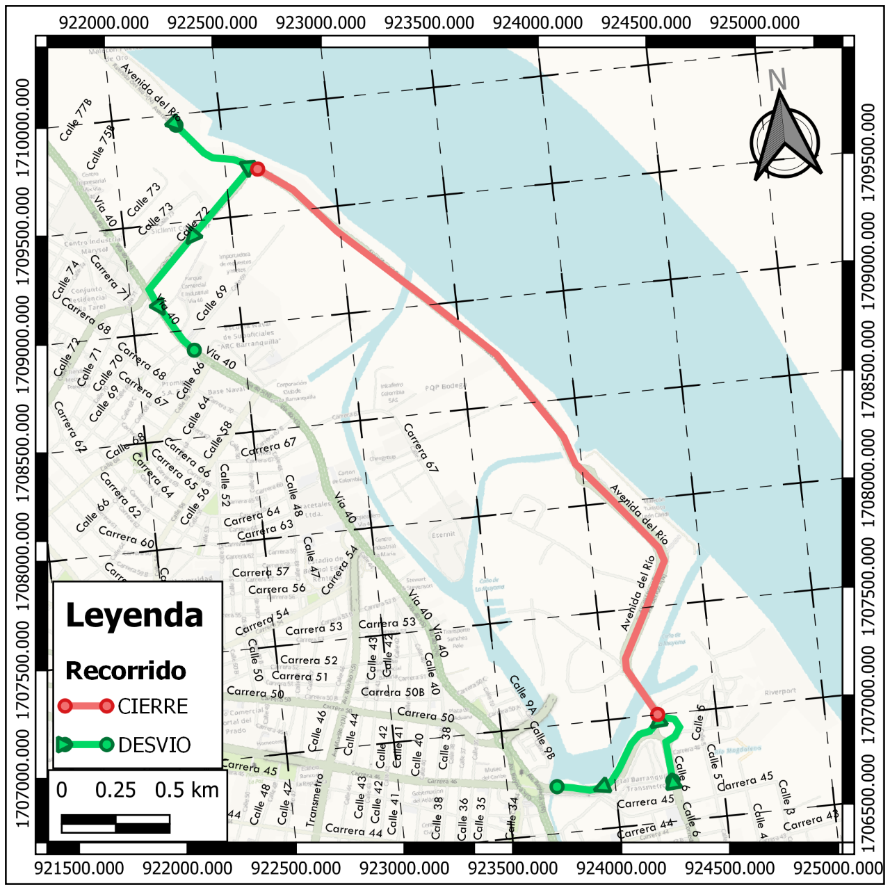 Mapa cierre de vías por evento Quilla Goles por la Paz.