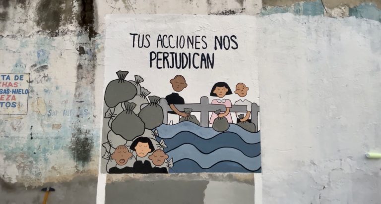 Dibujo en cartel de: Tus acciones nos perjudican.