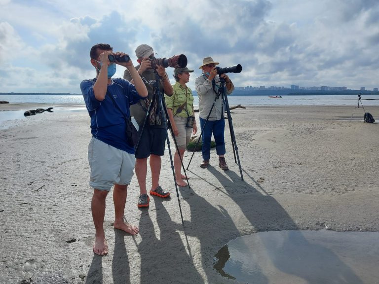 Fotografos con tripode de pie capturando imágenes.