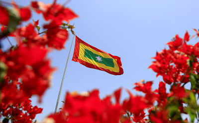 Bandera de Barranquilla ondeando en asta.