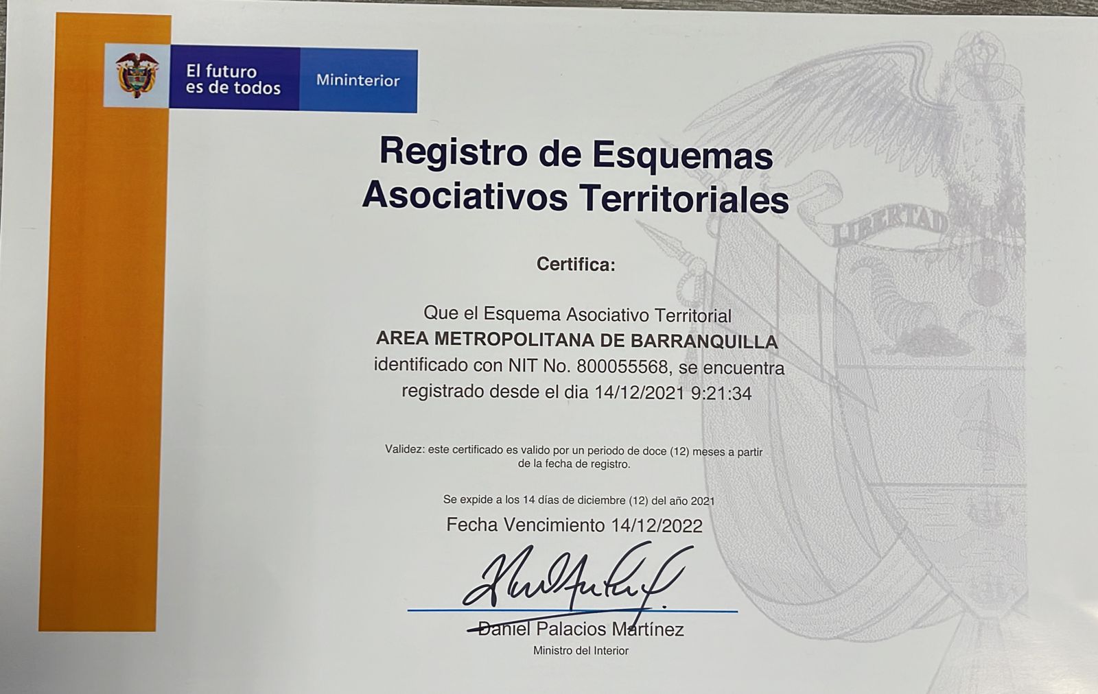 Certificado al Área Metropolitana de Barranquilla.