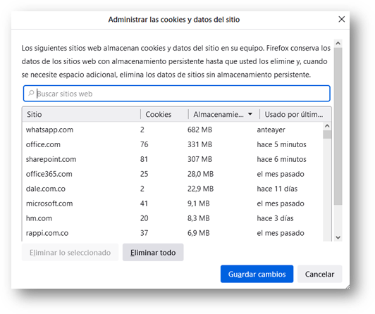 Pantallazo administrar las cookies y datos del sitio