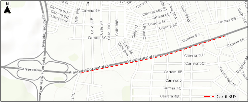 Mapa de carril solo bus en La Cordialidad