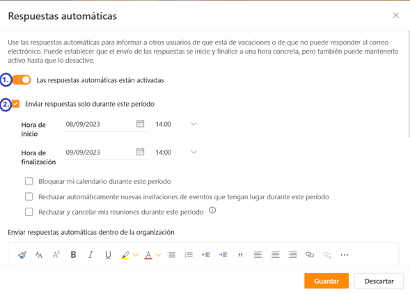 Imagen de configuración de respuesta automática en correo electrónico