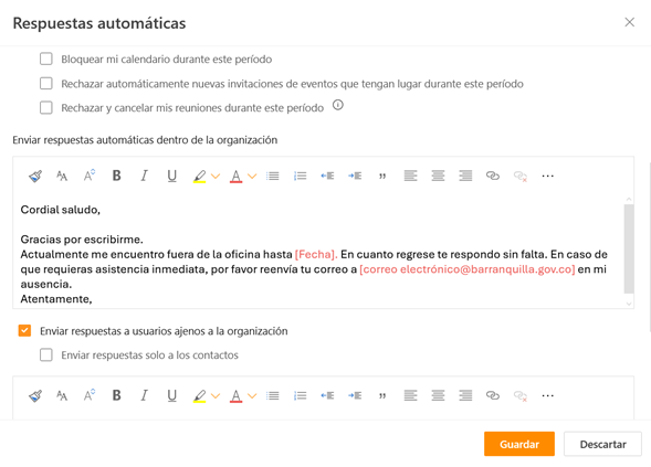 Imagen de configuración de respuesta automática en correo electrónico