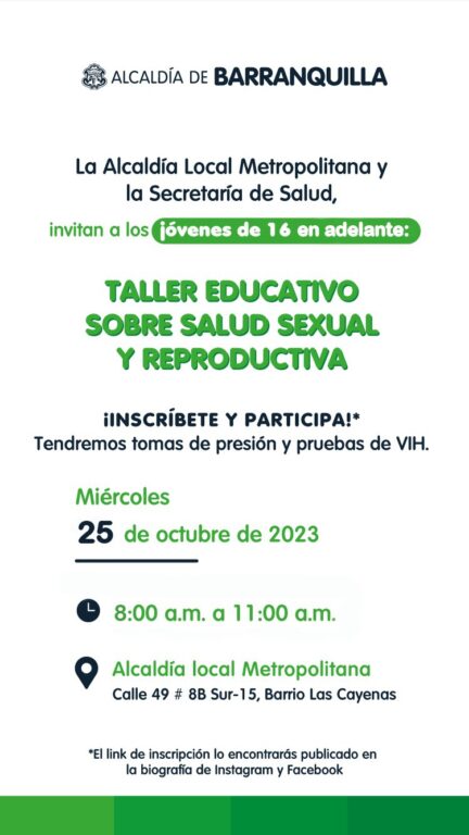 Banner del taller educativo sobre salud sexual y reproductiva, a realizarse el 25 de octubre en la alcaldía metropolitana