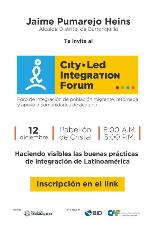 Afiche City Lead con fecha, lugar y hora del evento con migrantes