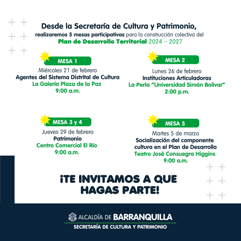 Banner con fechas, lugar y hora de reuniones de mesas para Plan de Desarrollo