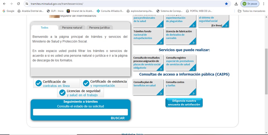 Inicio de página de trámites y servicios ministerio de salud