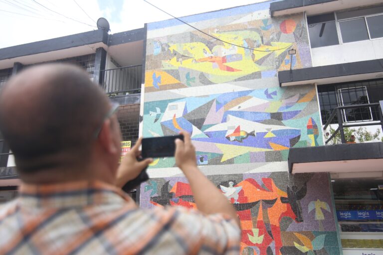 Ciudadano tomando fotografía con celular al mural titulado "Tierra, Mar y Aire"