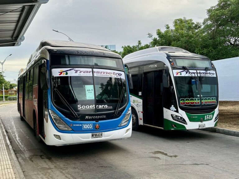 Dos buses de transporte público, alimentadores del Transmetro