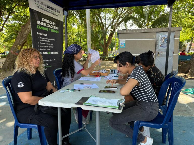 Grupo de personas sentadas en una mesa, revisando documentos jornada de esterilización animal.