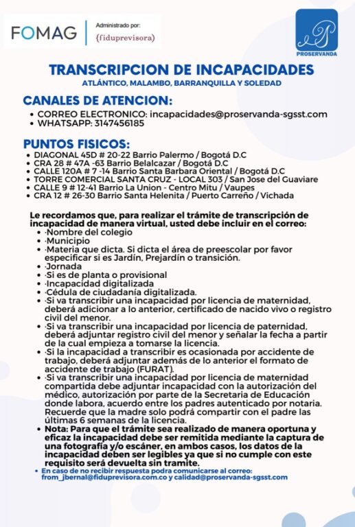 Información canales de atención y puntos físicos transcripción de incapacidades 