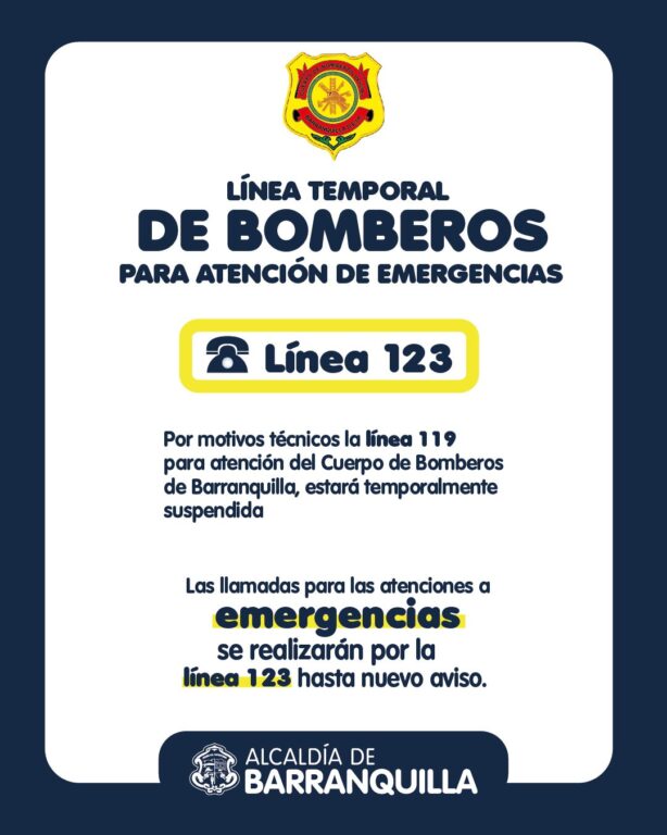 Aviso línea temporal emergencia 123 de Bomberos de Barranquilla.