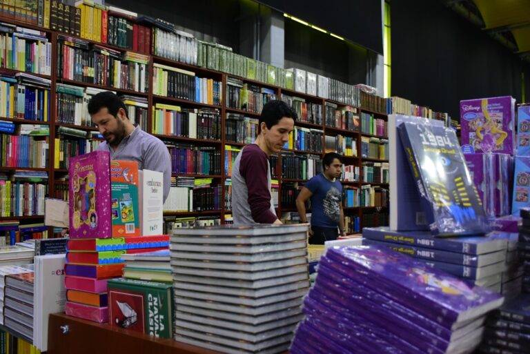 Personas observando libros en feria.