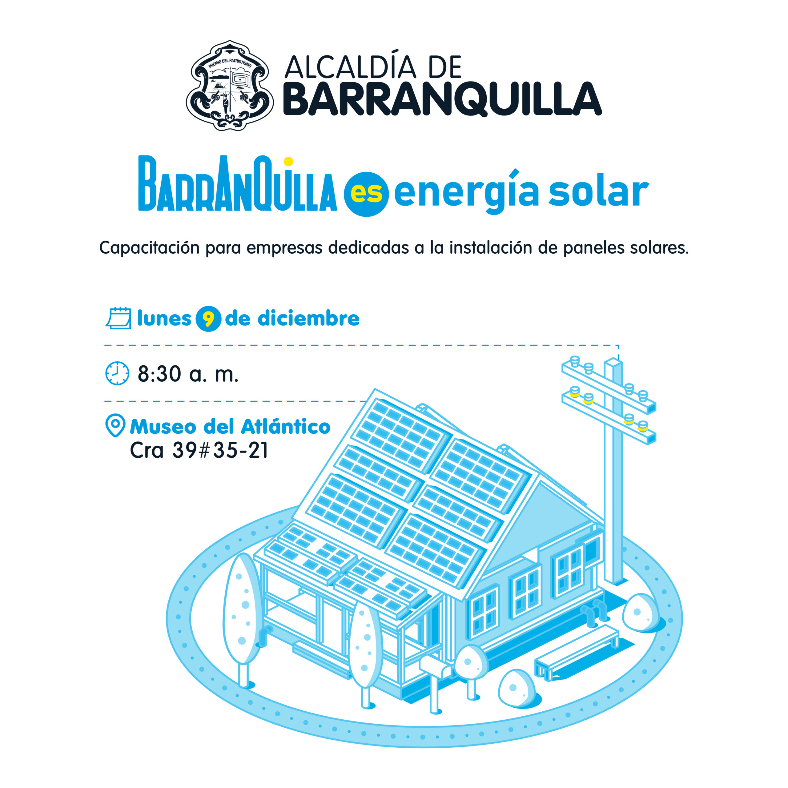 Poster informativo del evento de ingenería solar: 9 de diciembre 