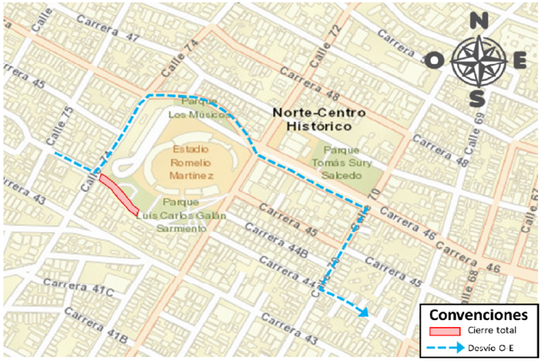 Esquema de señalización y desvíos cierre por Lectura de Bando Carnaval de Barranquilla 2025