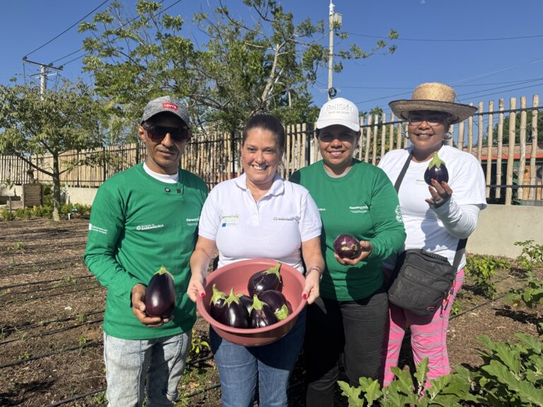 María Eugenia Yunis, acompañada por la comunidad, sostiene berenjenas como parte del programa Generactor.