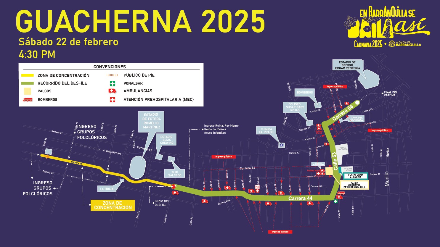 Recorrido de desfile de Guacherna, sábado 22 de febrero de 2025.