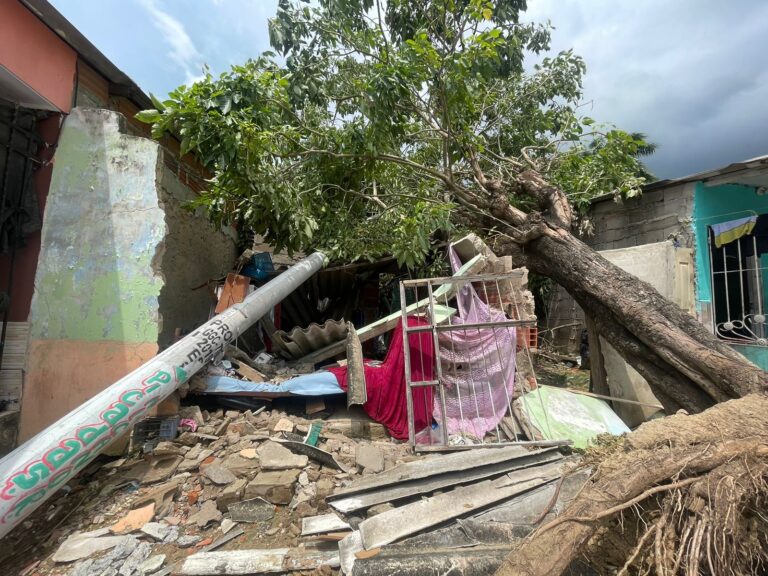 Casa colapsada con escombros tras la caída de un árbol y un poste, debido a fuertes lluvias.