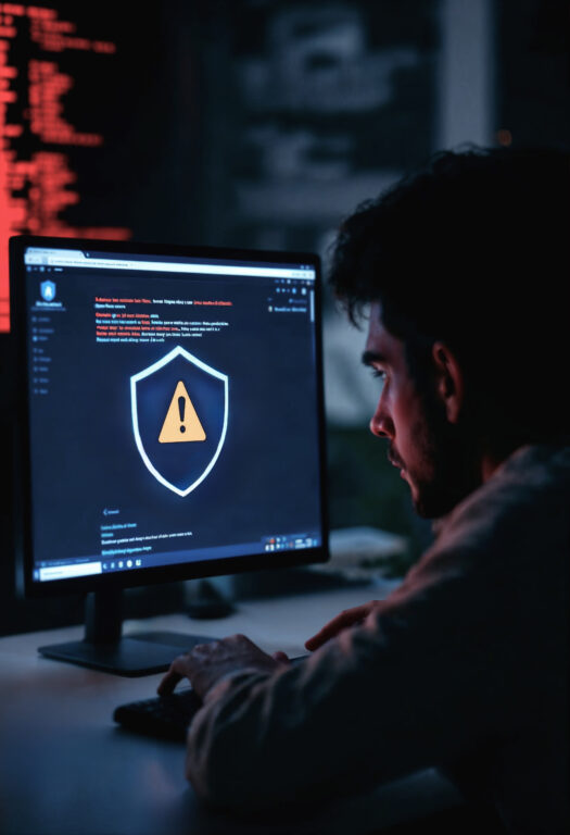 Hacker frente a pantalla de computador, la cual tiene una señal de peligro y unos codigos de programación.
