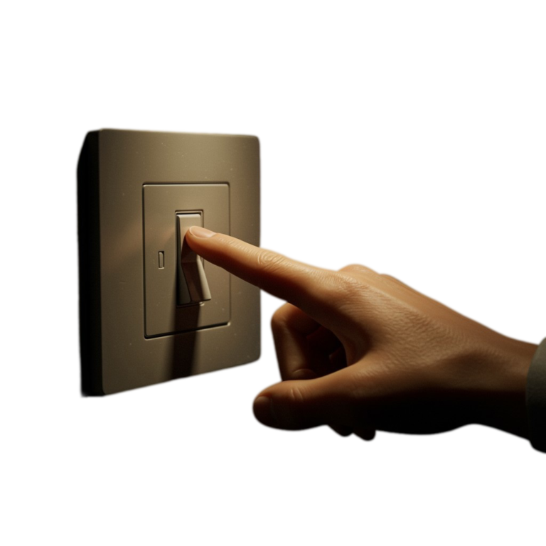 Mano de una persona a punto de apagar un interruptor de luz, en una escena con fondo oscuro, ilustrando un acto de ahorro energético.