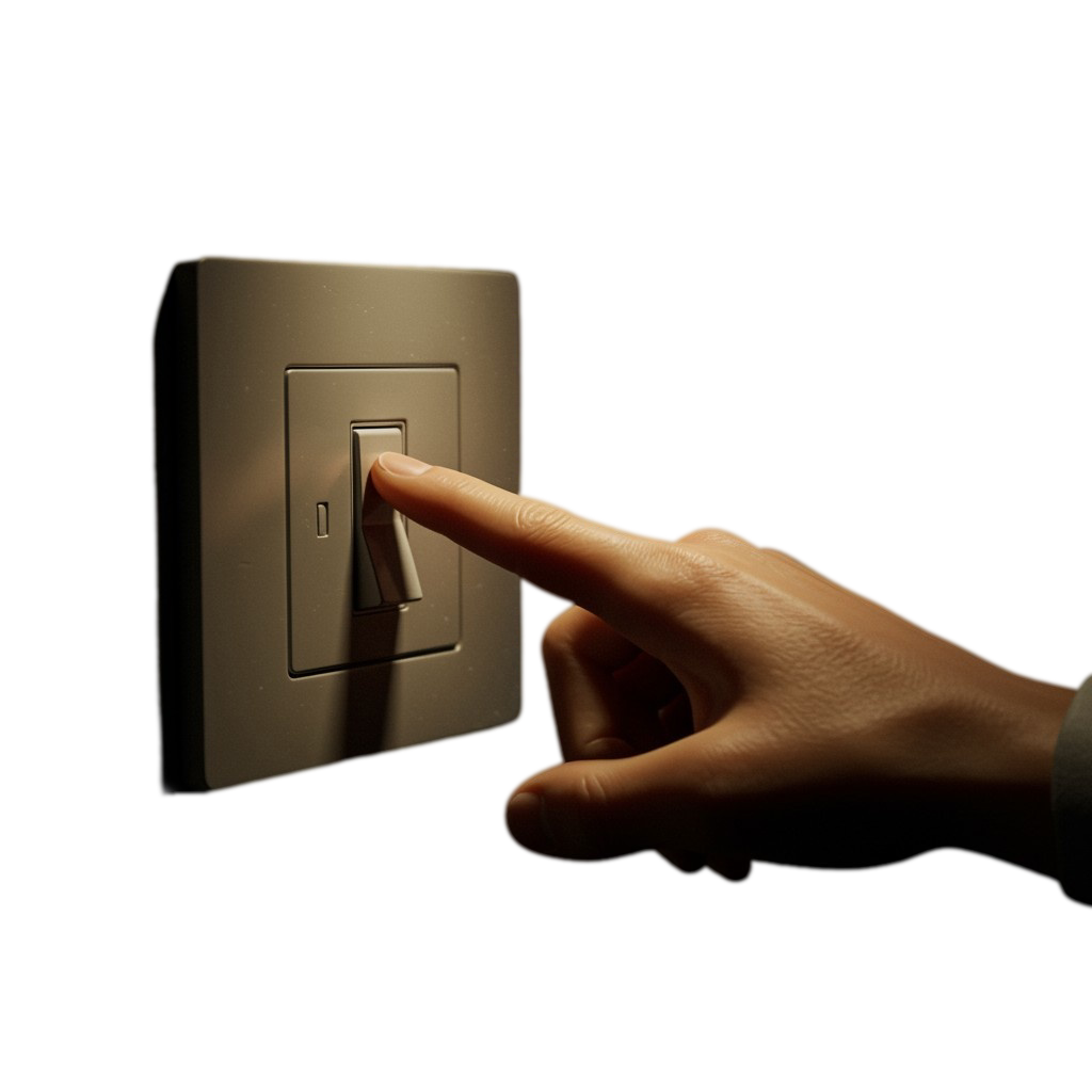 Mano de una persona a punto de apagar un interruptor de luz, en una escena con fondo oscuro, ilustrando un acto de ahorro energético.