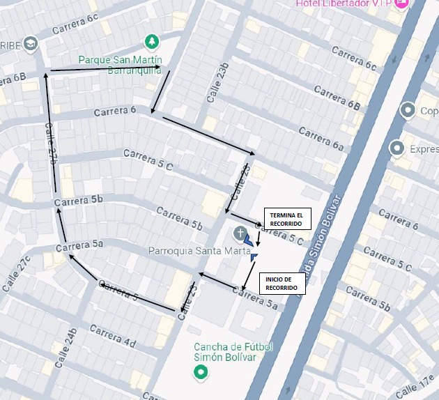 Mapa de cierre vial por la procesión de Santa Marta
