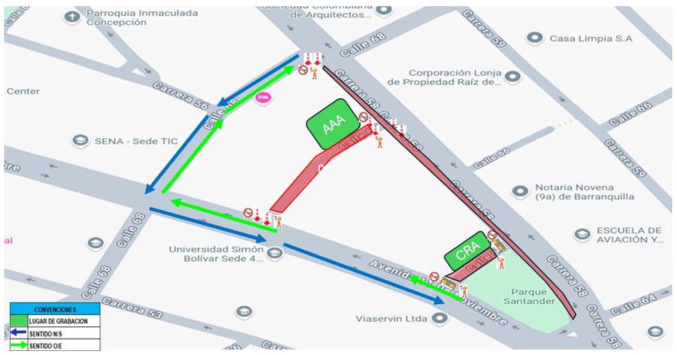 Mapa de cierres viales por grabación de la serie Medusa