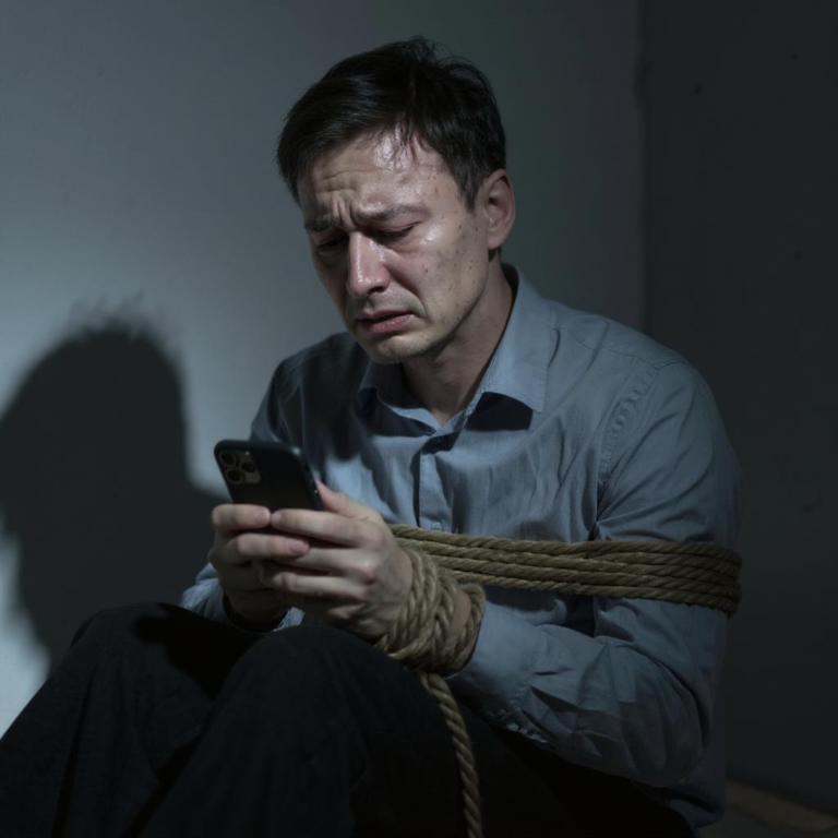 Hombre con expresión de angustia y lágrimas en el rostro, atado con una cuerda, sostiene un celular en sus manos, sentado en una esquina con iluminación tenue.