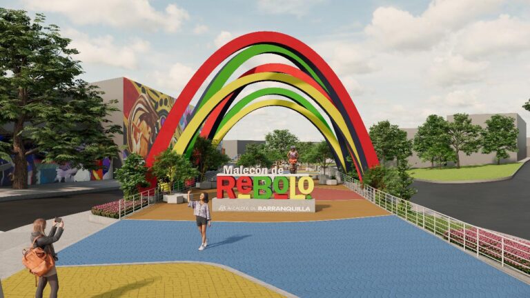 Render del acceso principal al Malecón del Rebolo con arco multicolor y letras emblemáticas.