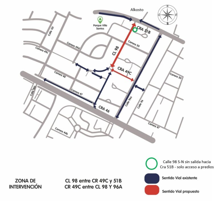 Esquema de calles y carreras de laboratorio vial en Villa Santos.