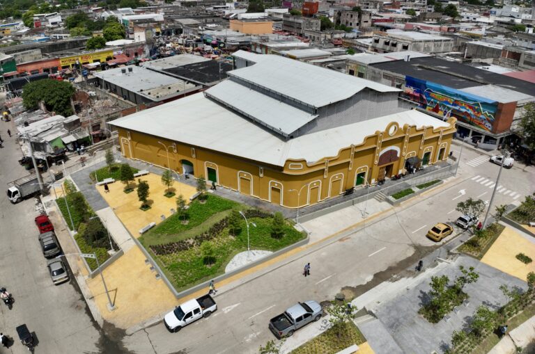 Vista aérea del nuevo paisajismo y arborización en los exteriores del Mercado de Granos.