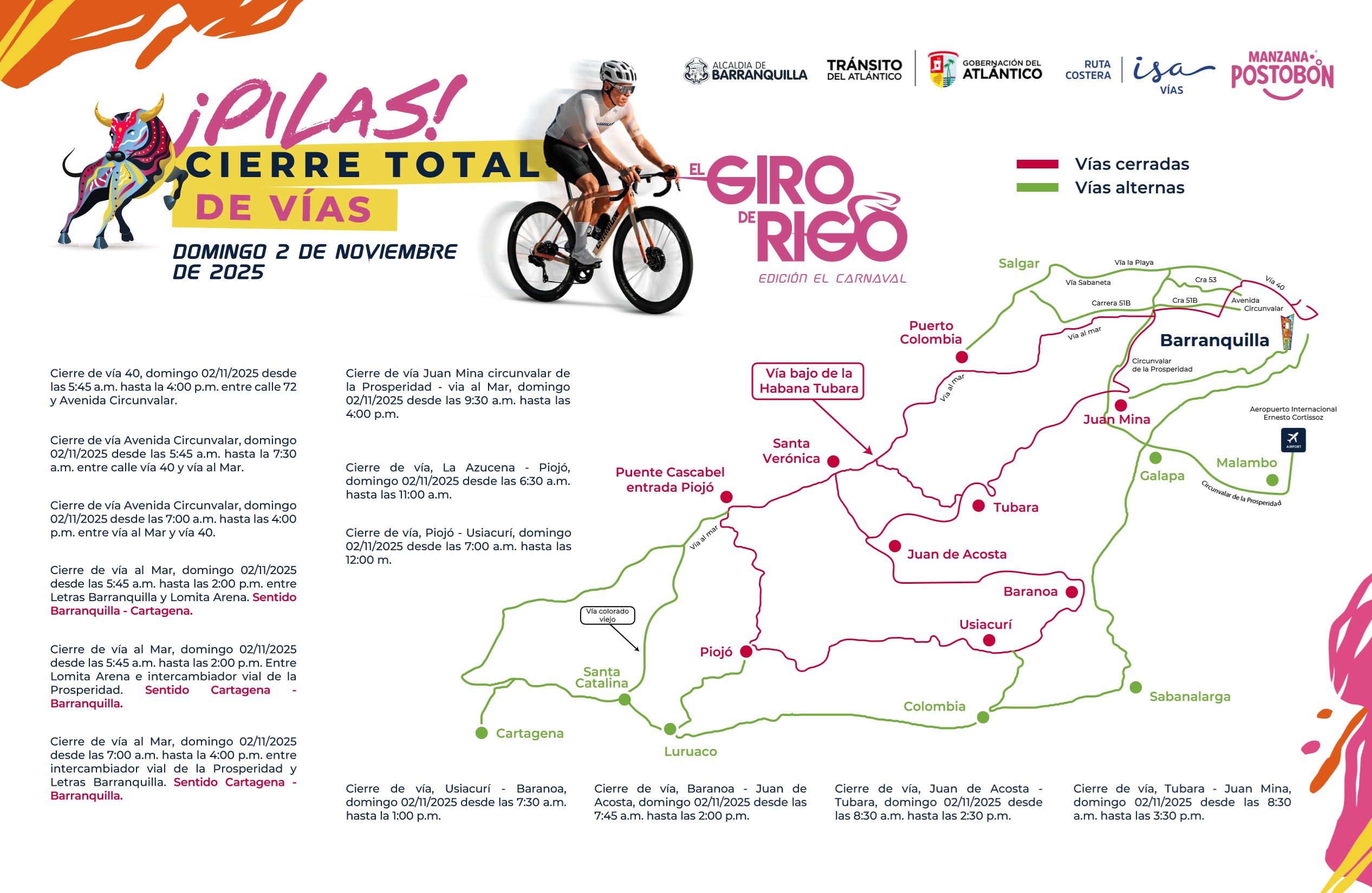 El Giro de Rigo 2025, edición El Carnaval, hará rodar el ciclismo mundial por las calles de Barranquilla y el Atlántico volante cierre total de vias del Giro Rigo