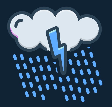 Ilustración de una nube color blanco con una rayo en la mitad de color azul y al rededor unas gotas de color azul.
