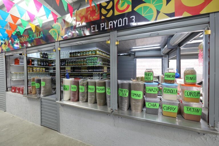un puesto de especias y condimentos en el mercado "El Playón 3" en Barranquilla. El puesto está bien organizado, con recipientes etiquetados que contienen productos como canela en rama, avena, sal blanca, achiote, tomillo, orégano, pimienta picada, comino, menta árabe, linaza, jengibre, chía, curry, cúrcuma, entre otros.