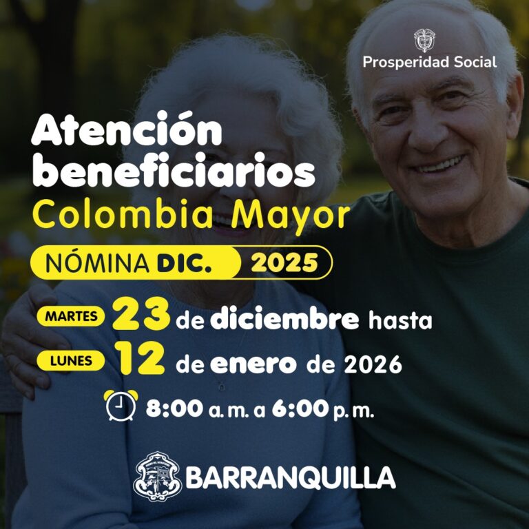 Post informativo dirigido a los beneficiarios del programa Colombia Mayor, anunciando el pago de la nómina correspondiente a diciembre de 2025. El aviso indica que la atención se realizará desde el martes 23 de diciembre hasta el lunes 12 de enero de 2026, en horario de 8:00 a. m. a 6:00 p. m.