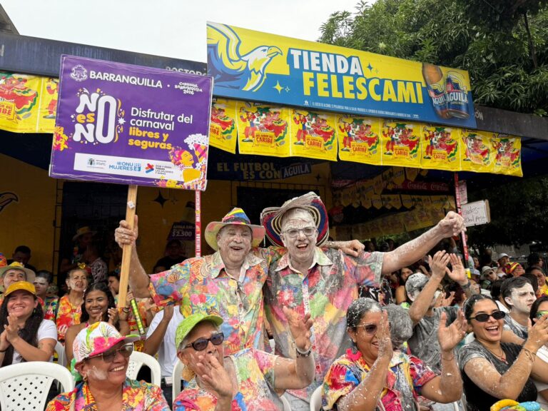 personas durante un desfile de Carnaval con pancarta de No es No
