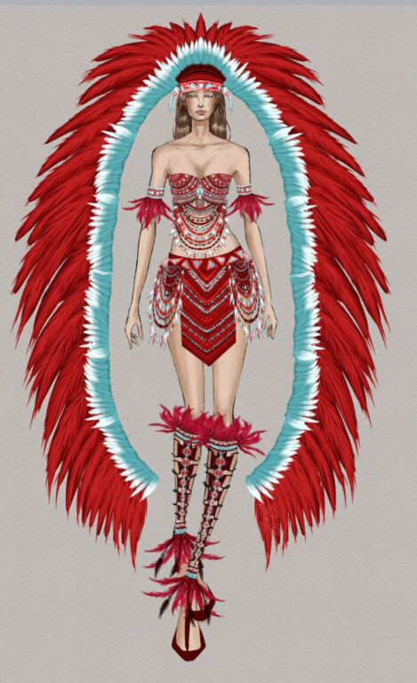 Dibujo con el diseño de disfraz de piel roja elaborado por estudiantes de la ETA