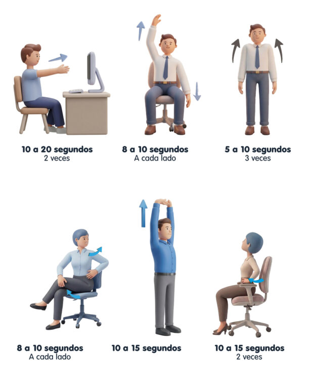Caricatura de servidores públicos realizando diferentes ejercicios como pausa activa.